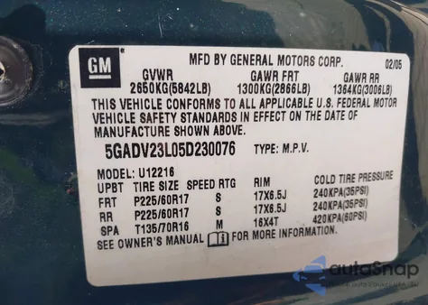 2005 Buick Terraza Cx из США, поврежденный, VIN 5GADV23L05D230076